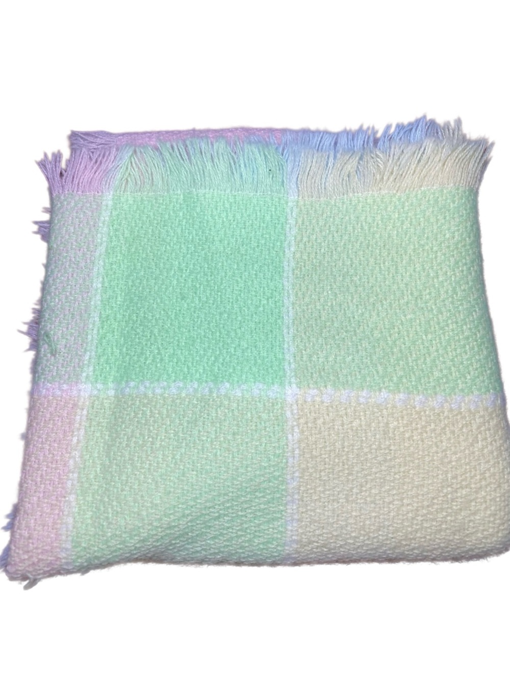 Baby Blanket Three Weavers Pastel Pink Blue Green Squares Acrylic Fringe Vintage